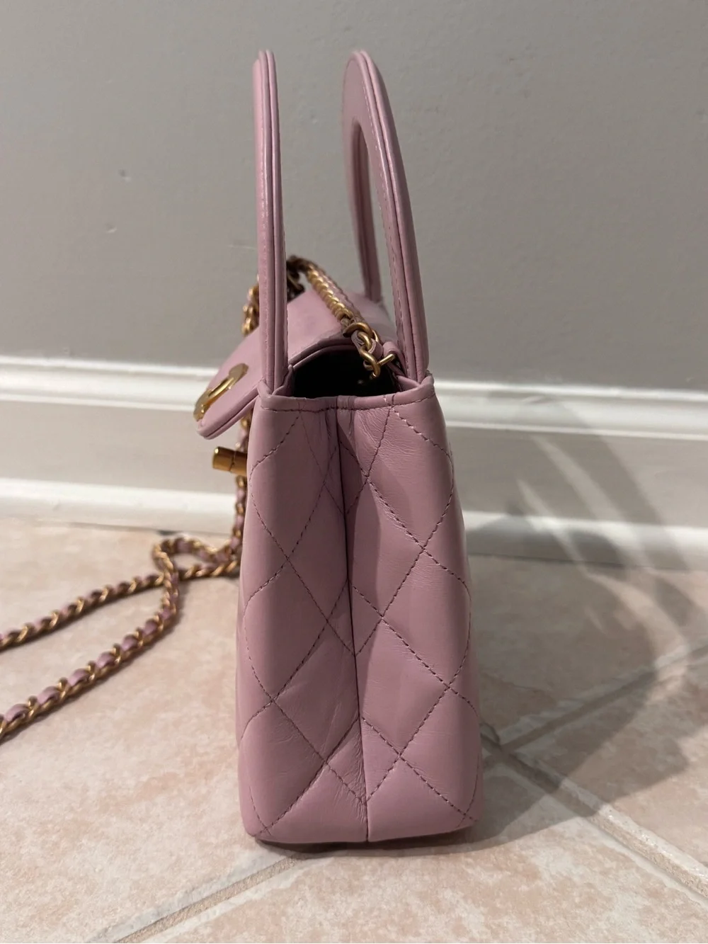 CHANEL Pink Quilted Top-Handle Mini Bag with Gold Chain